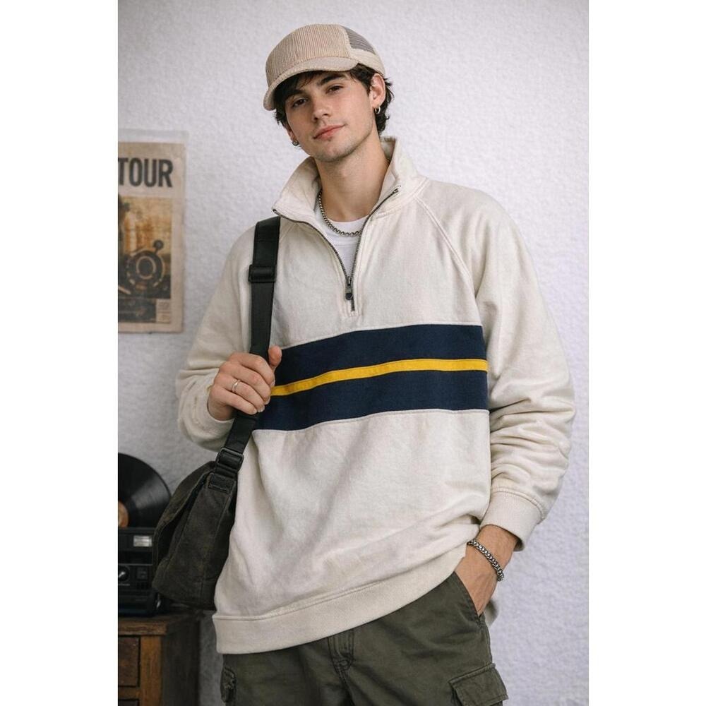 Vintage Style Chaps Cream Quarter Zip‎ Pullover with Navy and Yellow Stripes